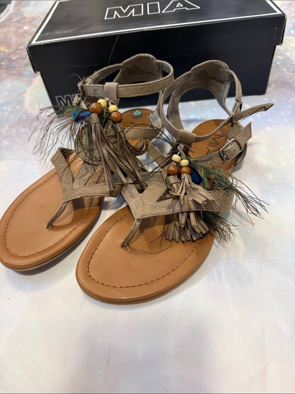 MIA Taupe T-Strap Sandals with Feather & Bead Accents 8
